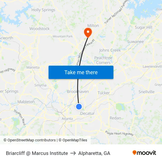 Briarcliff @ Marcus Institute to Alpharetta, GA map