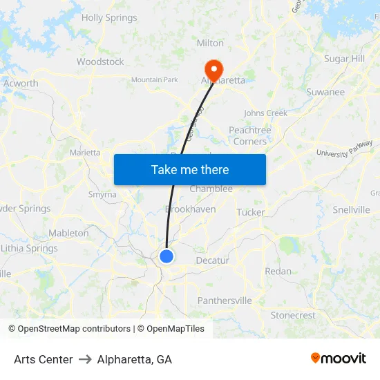 Arts Center to Alpharetta, GA map