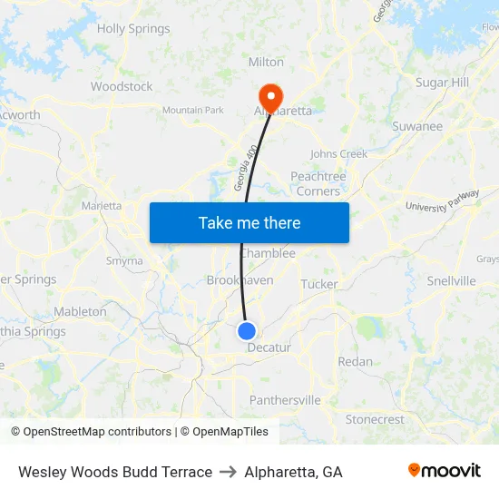 Wesley Woods Budd Terrace to Alpharetta, GA map