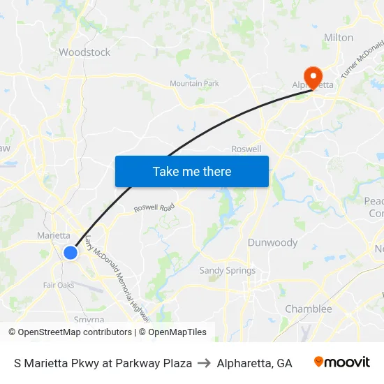 S Marietta Pkwy at Parkway Plaza to Alpharetta, GA map