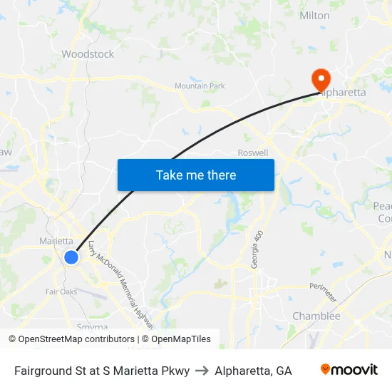 Fairground St at S Marietta Pkwy to Alpharetta, GA map
