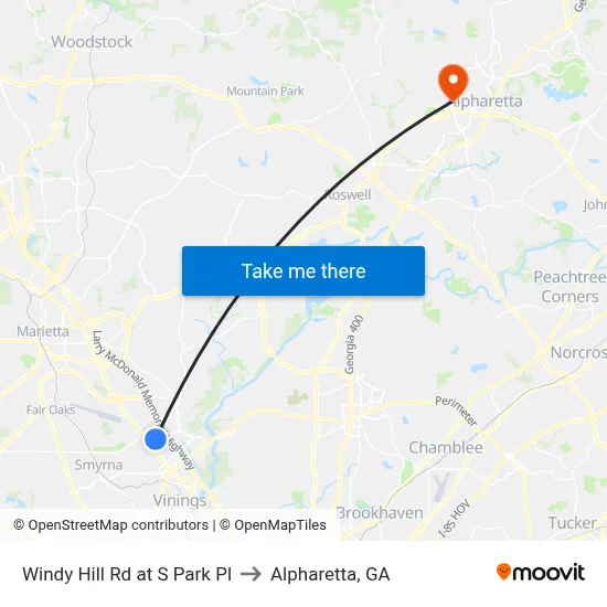 Windy Hill Rd at S Park Pl to Alpharetta, GA map