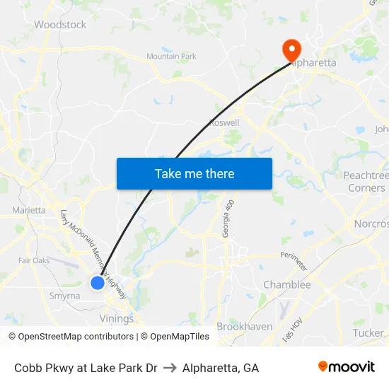 Cobb Pkwy at Lake Park Dr to Alpharetta, GA map