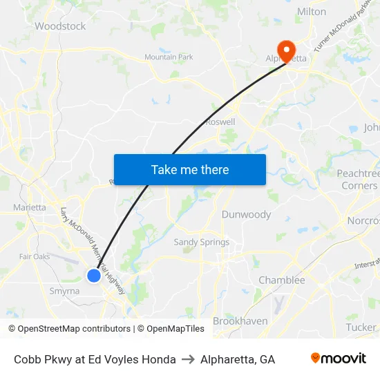 Cobb Pkwy at Ed Voyles Honda to Alpharetta, GA map