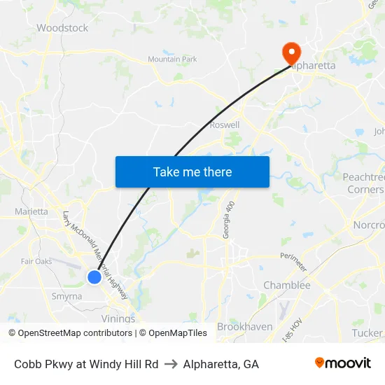 Cobb Pkwy at Windy Hill Rd to Alpharetta, GA map