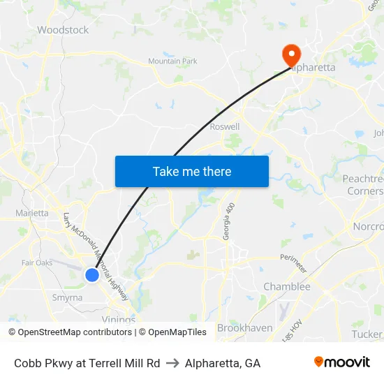 Cobb Pkwy at Terrell Mill Rd to Alpharetta, GA map