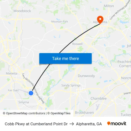 Cobb Pkwy at Cumberland Point Dr to Alpharetta, GA map