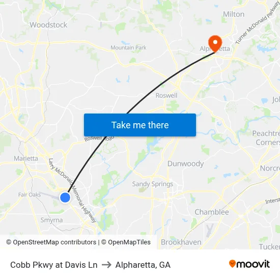 Cobb Pkwy at Davis Ln to Alpharetta, GA map