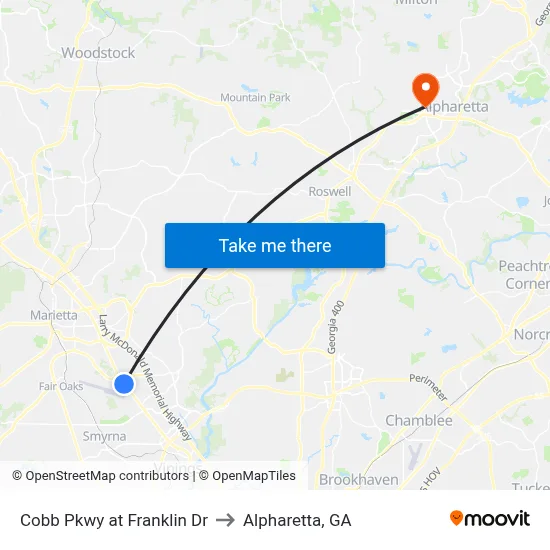 Cobb Pkwy at Franklin Dr to Alpharetta, GA map