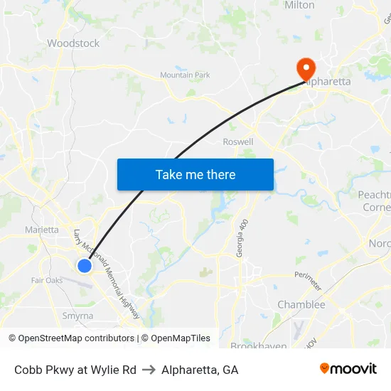 Cobb Pkwy at Wylie Rd to Alpharetta, GA map