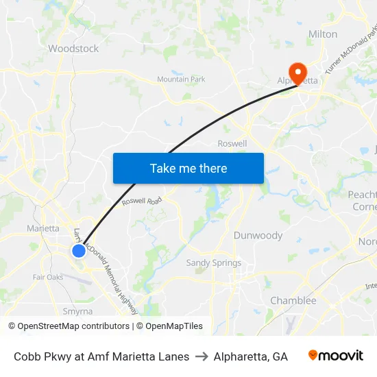 Cobb Pkwy at Amf Marietta Lanes to Alpharetta, GA map