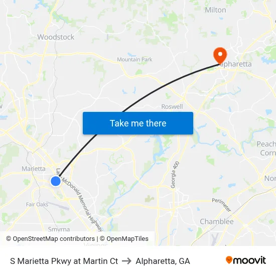 S Marietta Pkwy at Martin Ct to Alpharetta, GA map