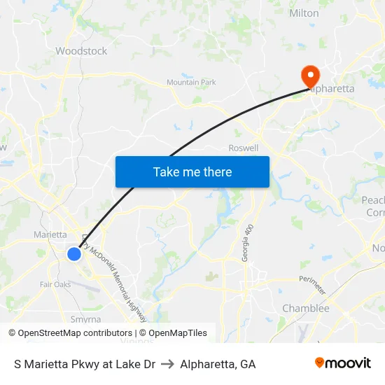 S Marietta Pkwy at Lake Dr to Alpharetta, GA map