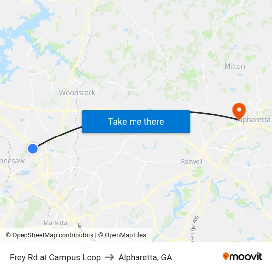 Frey Rd at Campus Loop to Alpharetta, GA map