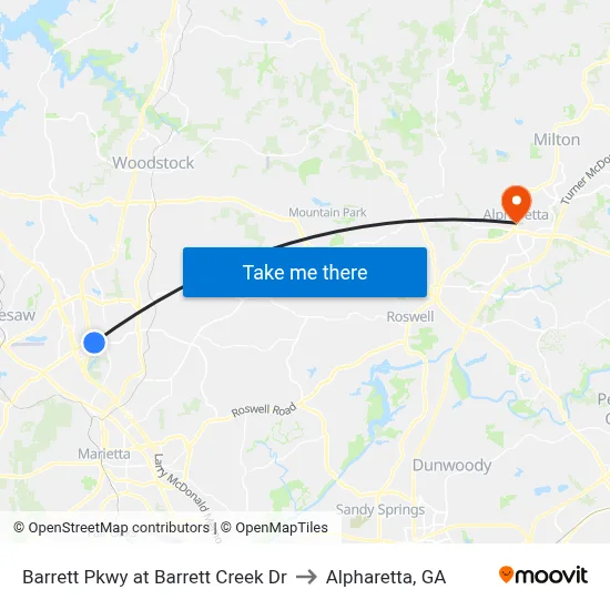 Barrett Pkwy at Barrett Creek Dr to Alpharetta, GA map