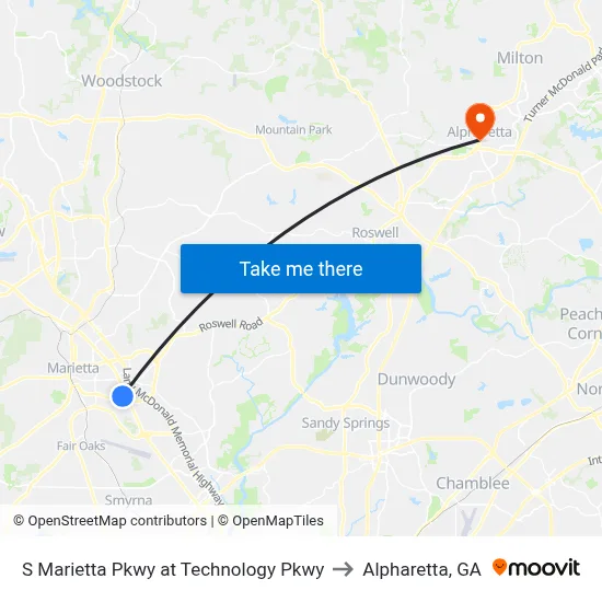 S Marietta Pkwy at Technology Pkwy to Alpharetta, GA map