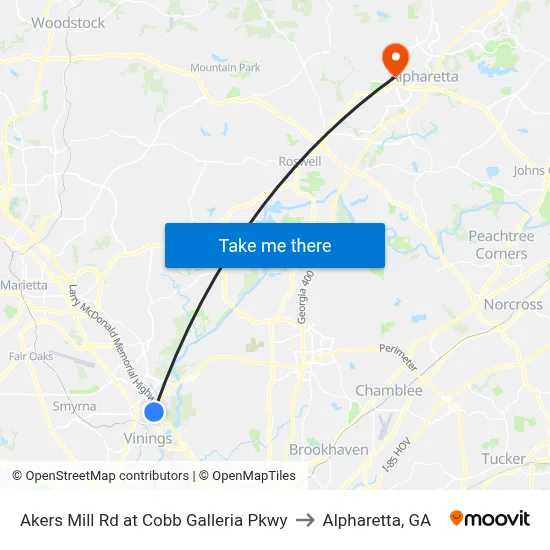 Akers Mill Rd at Cobb Galleria Pkwy to Alpharetta, GA map