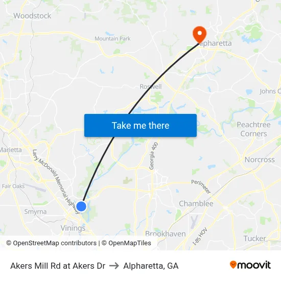 Akers Mill Rd at Akers Dr to Alpharetta, GA map