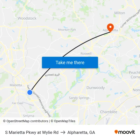 S Marietta Pkwy at Wylie Rd to Alpharetta, GA map