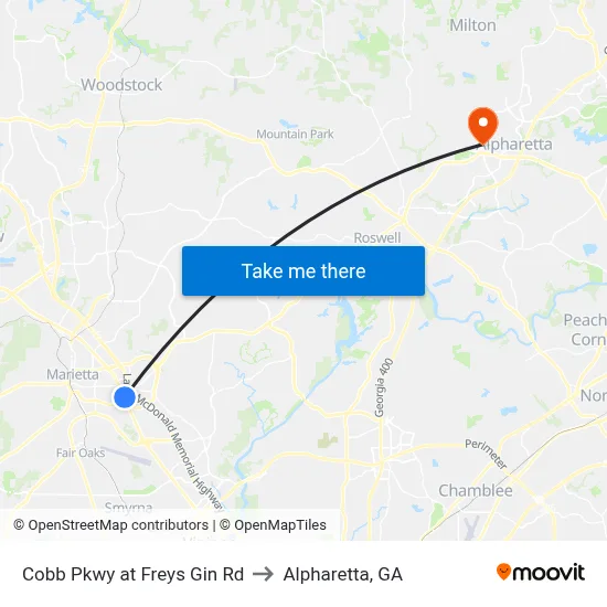 Cobb Pkwy at Freys Gin Rd to Alpharetta, GA map
