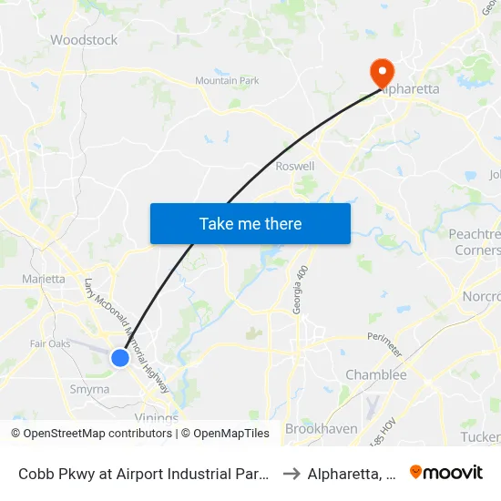 Cobb Pkwy at Airport Industrial Park Dr to Alpharetta, GA map