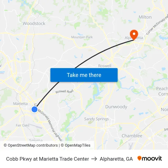 Cobb Pkwy at Marietta Trade Center to Alpharetta, GA map