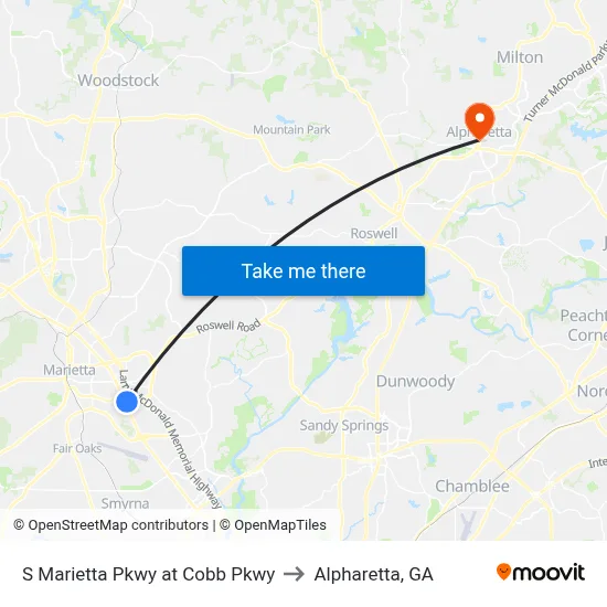 S Marietta Pkwy at Cobb Pkwy to Alpharetta, GA map