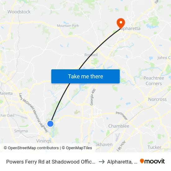 Powers Ferry Rd at Shadowood Office Park to Alpharetta, GA map