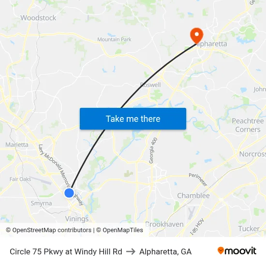 Circle 75 Pkwy at Windy Hill Rd to Alpharetta, GA map