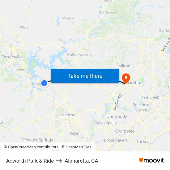 Acworth Park & Ride to Alpharetta, GA map