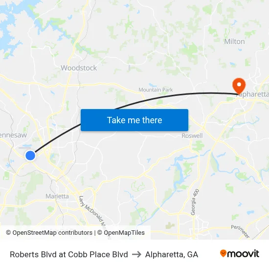 Roberts Blvd at Cobb Place Blvd to Alpharetta, GA map