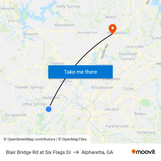 Blair Bridge Rd at Six Flags Dr to Alpharetta, GA map