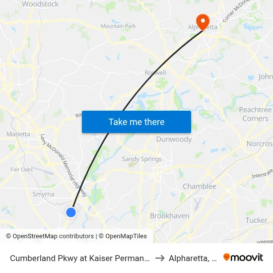 Cumberland Pkwy at Kaiser Permanente to Alpharetta, GA map