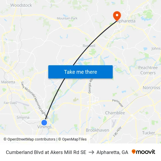 Cumberland Blvd at Akers Mill Rd SE to Alpharetta, GA map
