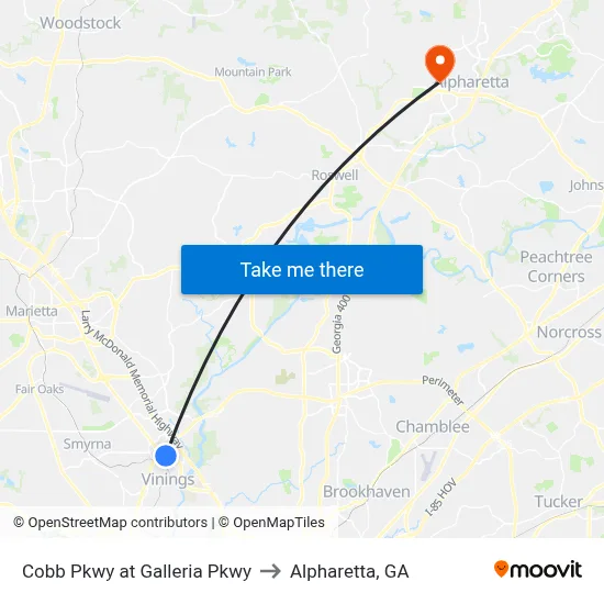 Cobb Pkwy at Galleria Pkwy to Alpharetta, GA map