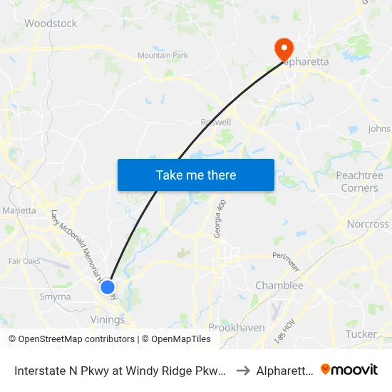 Interstate N Pkwy at Windy Ridge Pkwy SE / Cobb CH to Alpharetta, GA map