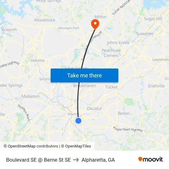 Boulevard SE @ Berne St SE to Alpharetta, GA map