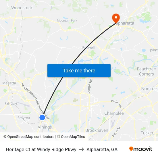 Heritage Ct at Windy Ridge Pkwy to Alpharetta, GA map