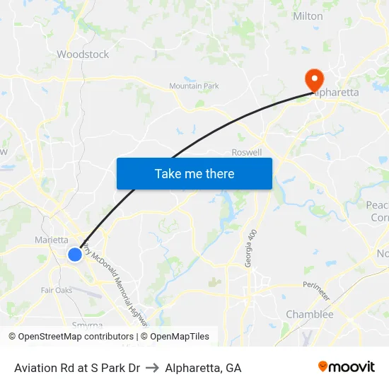 Aviation Rd at S Park Dr to Alpharetta, GA map