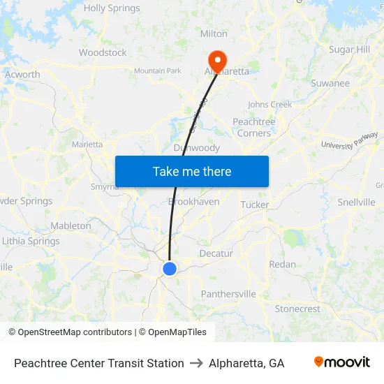 Peachtree Center Transit Station to Alpharetta, GA map