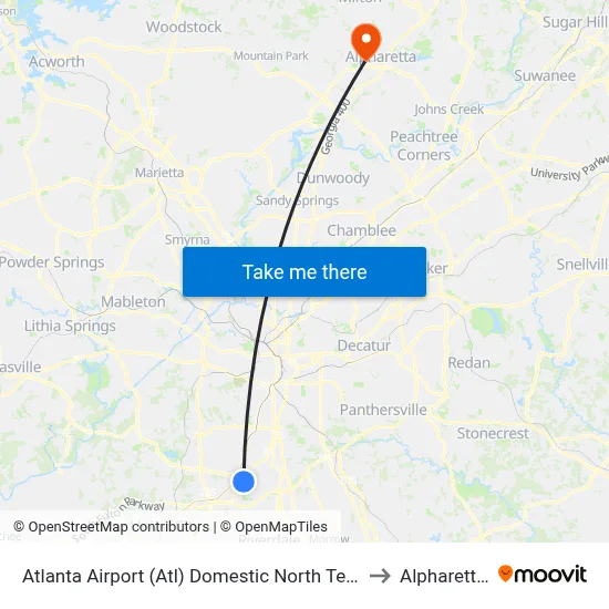 Atlanta Airport (Atl) Domestic North Terminal Dropoffs to Alpharetta, GA map