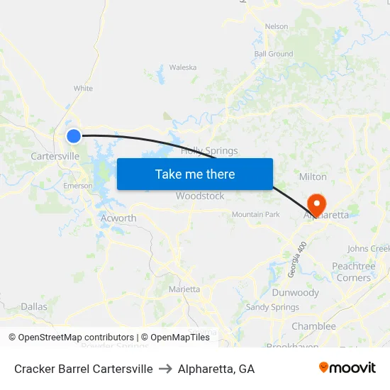 Cracker Barrel Cartersville to Alpharetta, GA map