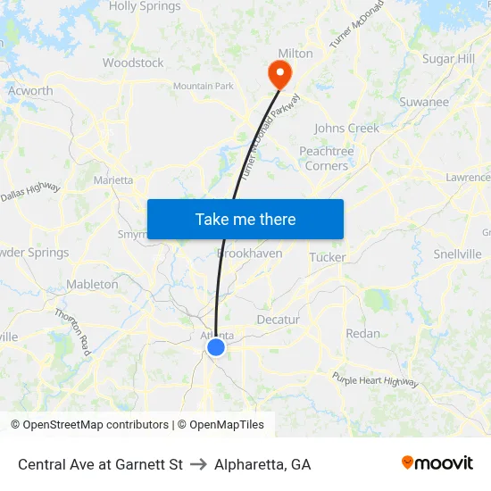 Central Ave at Garnett St to Alpharetta, GA map