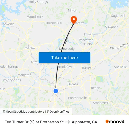 Ted Turner Dr (S) at Brotherton St to Alpharetta, GA map