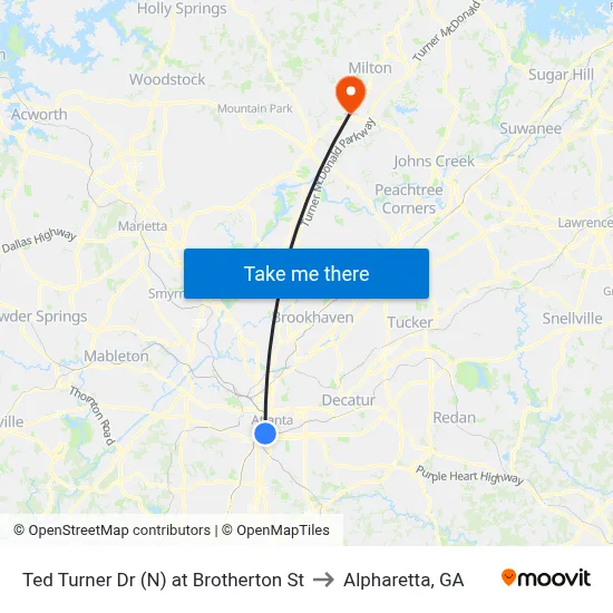 Ted Turner Dr (N) at Brotherton St to Alpharetta, GA map