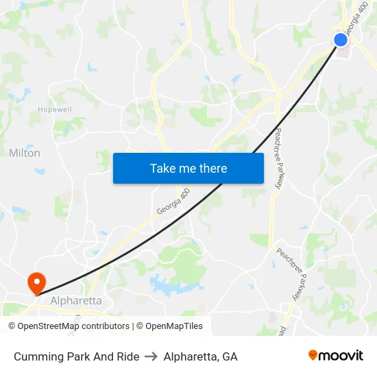 Cumming Park And Ride to Alpharetta, GA map