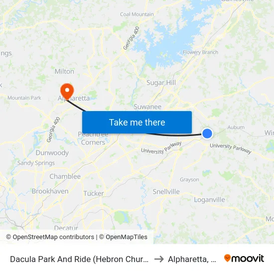 Dacula Park And Ride (Hebron Church) to Alpharetta, GA map
