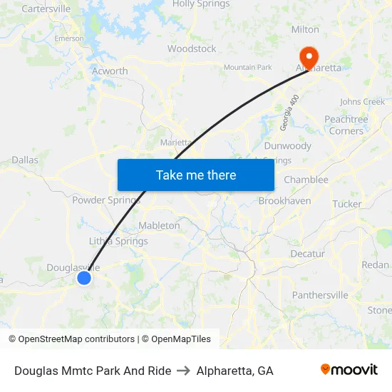 Douglas Mmtc Park And Ride to Alpharetta, GA map