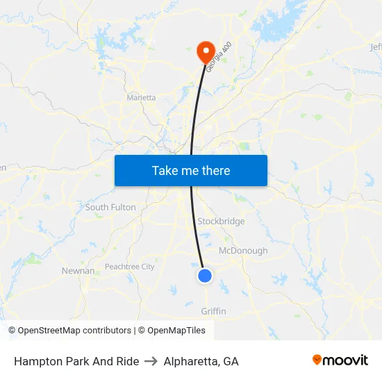 Hampton Park And Ride to Alpharetta, GA map