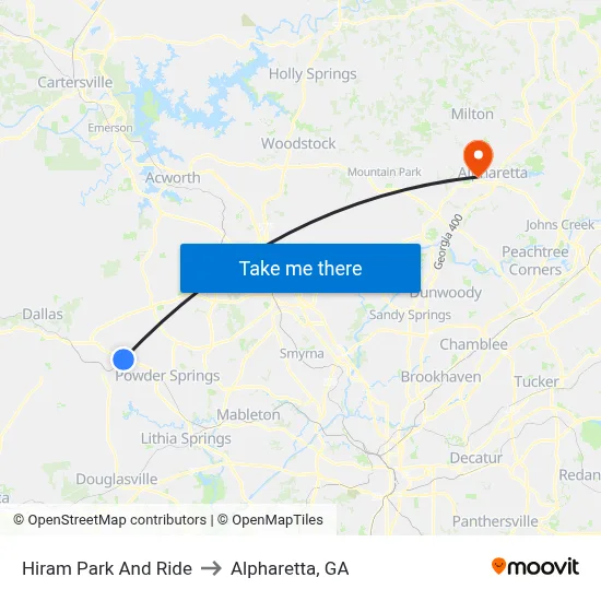 Hiram Park And Ride to Alpharetta, GA map